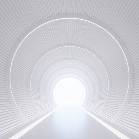 Modern white interior with tunnel space 3d rendering image.White curved corridor There is light at the destination.の写真素材