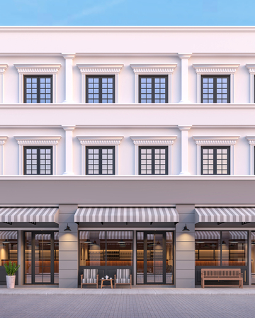 Front of classical style commercial building 3d render.There are a street shop, The building has classical style with gray and white color. The front store has footpaths and table sets.の写真素材
