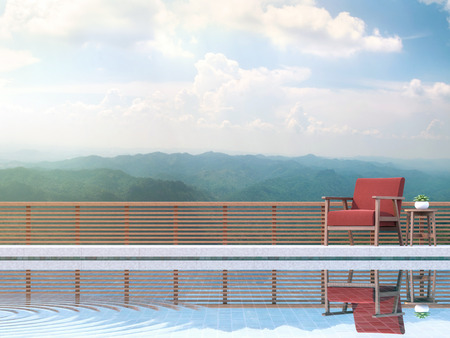 Contemporary pool terrace with mountain view 3d render.Furnished with red fabric chair. There are wooden railing overlooking  mountain view.の写真素材