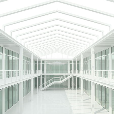 Modern white office space 3d render.There are interior of the 2 storey building is made of white steel structure.And there have nature light from the skylight above.の写真素材