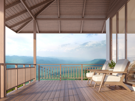 Wood house terrace with mountain 3d render, There are wood floor.Furnished with fabric and wooden furniture. There are wooden railing overlooking the surrounding nature and mountainの写真素材
