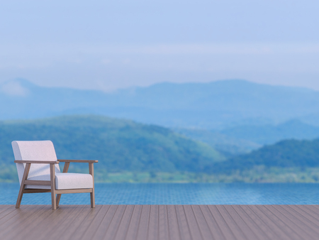 Swimming pool terrace with blurry mountain view background 3d render, There are wood floor.Furnished...