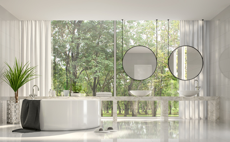 Modern luxury bathroom 3d render,There are white room,white marble basin counter,decorate with stainless tree pot.There are big  windows look out to see nature view outside.の写真素材