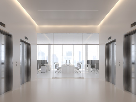 Elevator hall in front of modern office 3d render,with white floor, stainless steel elevator door,...
