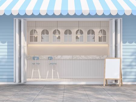 Blue and white coffee shop 3d render, vintage style, decorated with white marble counter and white plank In front of the store is a concrete footpart with sunlight shining down and a tree shadow.の写真素材