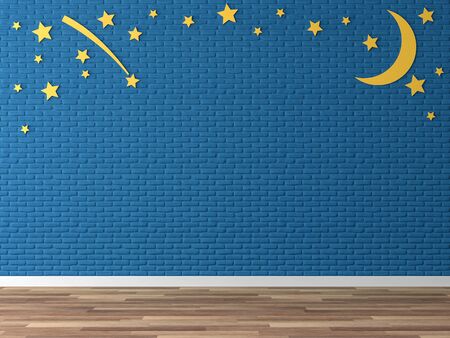 Empty colorful wall 3d render,There are wood floor,navy blue  brick wall,decorate with yellow moon and star.の写真素材