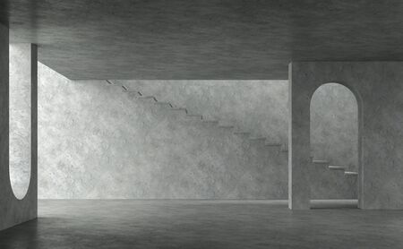 Empty concrete room 3d render With a wall with curved openings There is a stairway upstairs. And there is natural light shining into the roomの写真素材