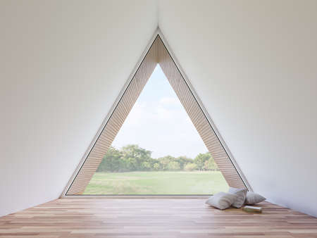Mininal style empty triangle room interior with nature view 3d render,There are white wall,wooden...