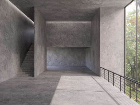 Under construction room with nature view 3d render,There are polished concrete floor and wall,There...