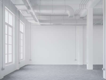 Empty white loft room 3d render,With polished concrete floors The ceiling shows the ducts of the air conditioning system, with large windows that allow natural light into the room.の写真素材