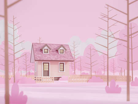 Cartoon style small house In a pink forest with low polygon trees surrounded by a low wooden fence, the house turned bright inside 3d renderの写真素材