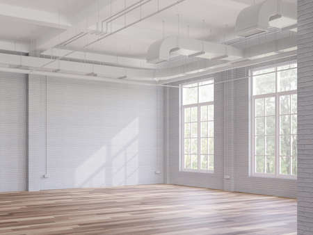 Loft style interior space 3d render,There are white brick walls,wooden floors the ceiling shows the...