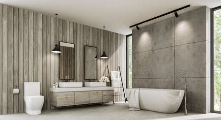 Loft style bathroom with wood plank and concrete wall 3d render,There polished concrete floor ,old...
