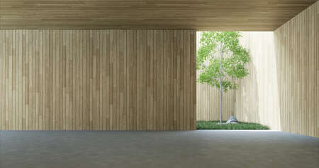 Modern loft style indoor area with plank wall 3d render, There are concrete floor behind the wooden...