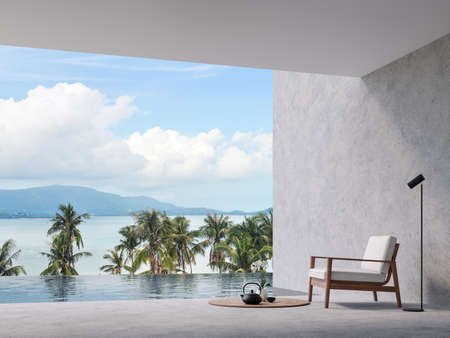 Minimal loft style swimming pool terrace with sea view