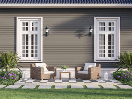 Outdoor terrace with empty gray plank wall background 3d render,decorated with wicker chairs In...
