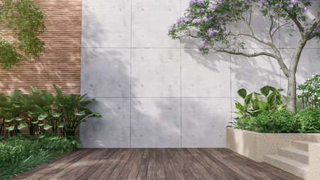 Empty exterior concrete wall with tropical style garden 3d render,decorate with tropical style tree...