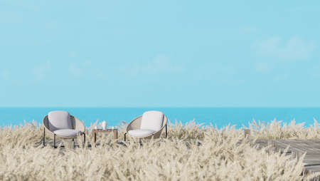 Old wooden terrace surround with meadow 3d render,wicker chair on the terrace with sea and blue sky backgroundの写真素材