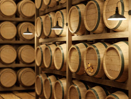 Wooden barrel rack for wine storage, focusing on the  golden cork  3d render,decorate with...