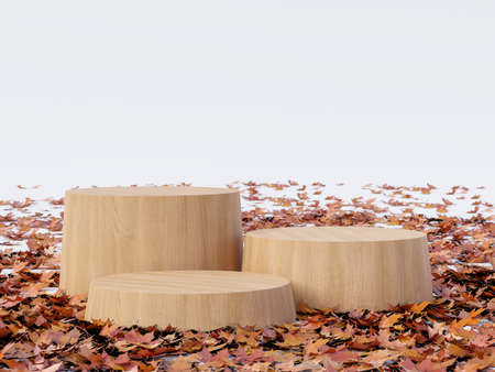 Autumn concept empty cylinder wooden podium surrounded by fallen leaves on white background 3d...