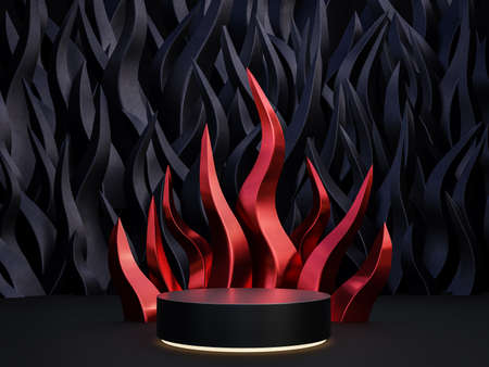 Black friday concept Cylinder podium decorate with red metallic and black flame 3d render...