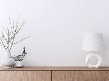 Empty interior white paint wall with wooden cabinet 3d render decorate with white ceramic vase and marble lampの写真素材