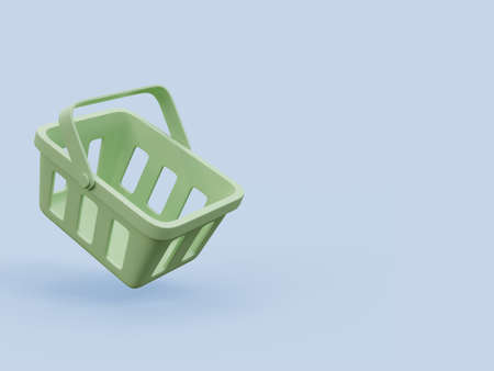 Minimal style green shopping basket on blue background with copy space 3d render illustrationの写真素材