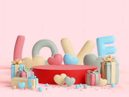 Valentine concept cartoon style red display podium surrounded with cute object on pink background 3d...