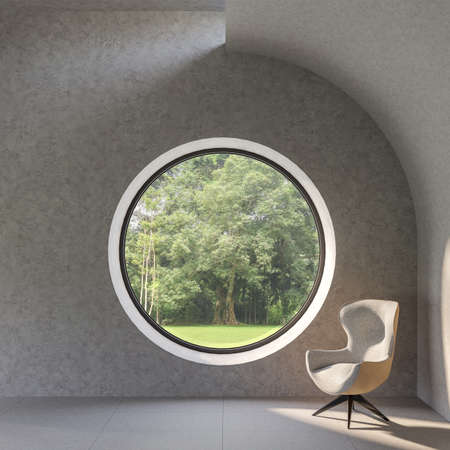 Modern loft style living room with circle shape window 3d render,polished concrete floors. decorated...
