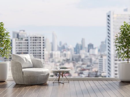 Modern style wooden terrace with city view 3d render, decorated with luxury white fabric chairs and white tree potの写真素材