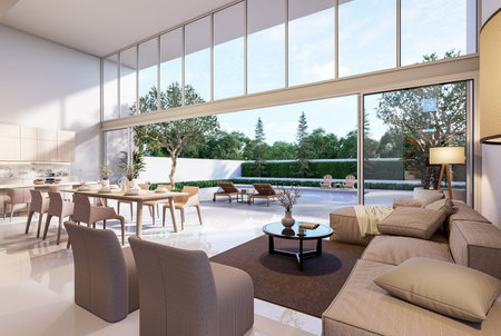 Modern style house interior with pool terrace background 3d render,decorated with brown...