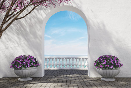 Modern luxury scandinavian white arch gate to terrace 3d render There are stone brick floor decorated with classical style flower potの写真素材
