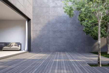 A large empty wooden terrace, loft style, between the living room and the garden 3d render, there are gray plank floor and blank concrete wall for copy space.の写真素材