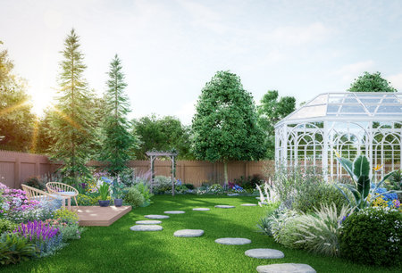 Luxury colorful backyard garden with glasshouse 3d render there are green lawn, vareity color of...