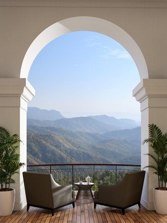 Modern classical style luxury terrace with nature view 3d render There are wooden floor arch shape wall frame overlooking beautiful mountains scenery background decorated with chairs for couples.の写真素材