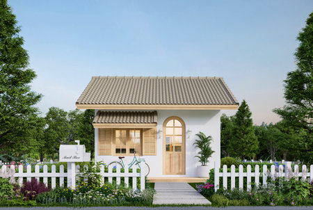 Modern contemporary cute tiny house exterior surrounded by nature 3d render There are white fence with flower bush, white wall, brown roof and wooden arch window.の写真素材