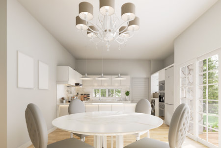 Modern luxury empty white dining table top for copy space with kitchen background 3d render there are wooden floor decorated with chandelier and white window overlooking nature viewの写真素材