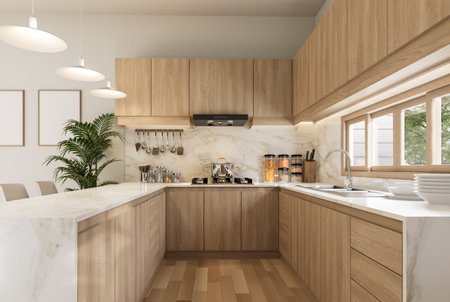 Modern luxury contemporary style u shape kitchen counter design idea 3d render there are wooden cabinet with white marble top and long wooden window with nature viewの写真素材