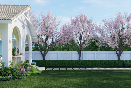 Vintage style tiny house with empty green lawn for copy space 3d render there white plank fence decorate garden with colorful flower plantの写真素材