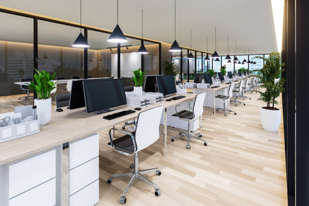 Modern contemporary office interior 3d render, There are wooden floor furnished with white chair and wooden table overlooking meeting room behindの写真素材
