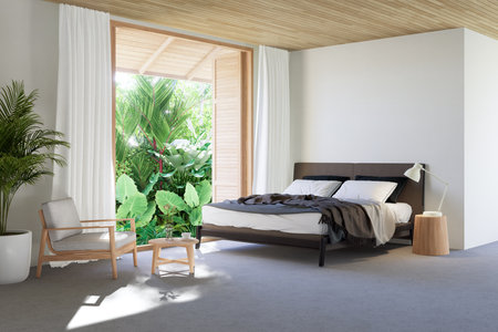 Modern contemporary loft style bedroom with tropical garden view 3d render, Concrete floor and white walls, open wooden doors to see fresh green nature.の写真素材