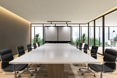 Modern contemporary meeting room interior with empty white board 3d render, There are wooden floor furnished with black chair and glossy white top table overlooking nature and city viewの写真素材