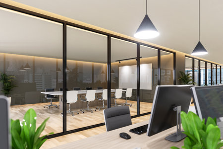 Modern contemporary meeting room interior 3d render, view from working table in office space outside ,there are wooden floor decorated with hidden lightの写真素材