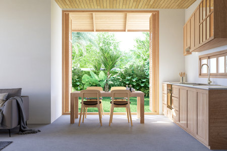 Modern contemporary loft style dining and living room with tropical garden view 3d render, Concrete floor and white walls, open wooden doors to see fresh green nature.の写真素材