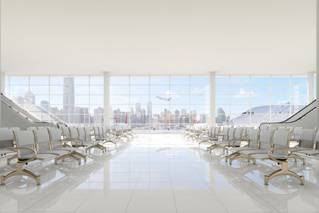 Modern style empty airport terminal lounge with city view background 3d render, There are large window overlooking a plane taking off.の写真素材