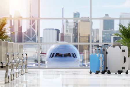 Travel and vacation concept with suitcases in empty airport hall with airplane and city background 3d renderの写真素材