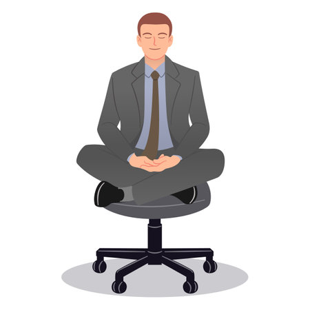 Businessman in gray suit meditating happy face on the working chair in office isolated on white backgroundのイラスト素材