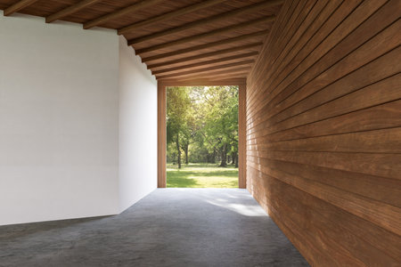 Wooden exit frame from modern loft style room to green nature garden outside 3d render, There are plank wall ,concrete floors, wooden ceiling with structureの写真素材