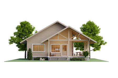 Front view of modern style small cottage wooden house on the green lawn isolated on white background with clipping path 3d render surrounded by lush natureの写真素材