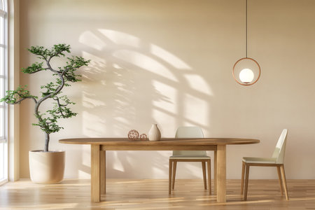 Minimal style modern contemporary dining room interior with empty wall for copy space 3d render there are wooden table, and wooden chair Decorated with unusual shaped trees.の写真素材